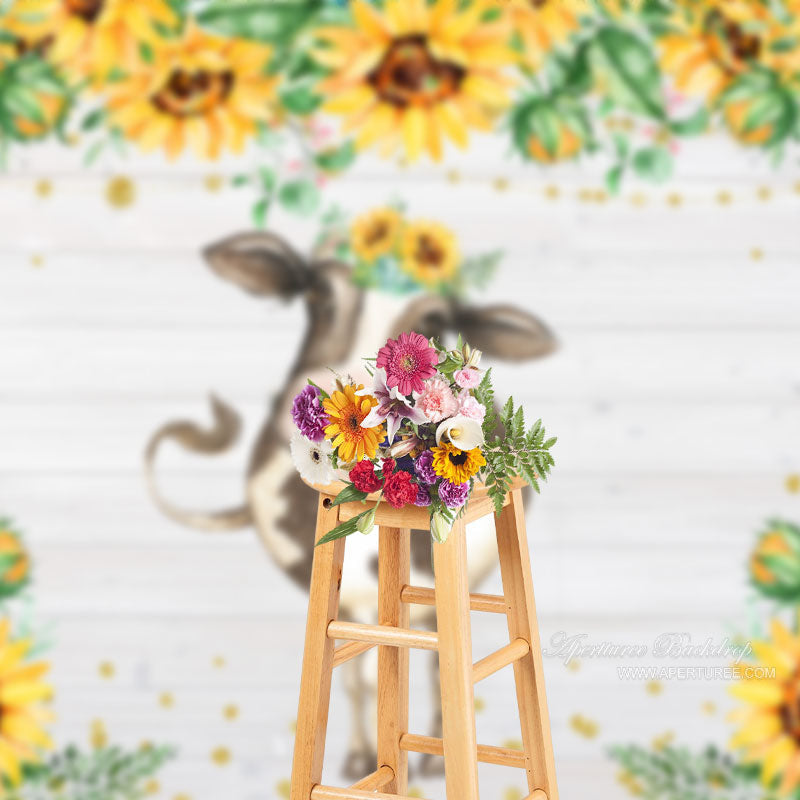 Cow Leaf Wooden Yellow Turnsole Flower Photo Backdrop