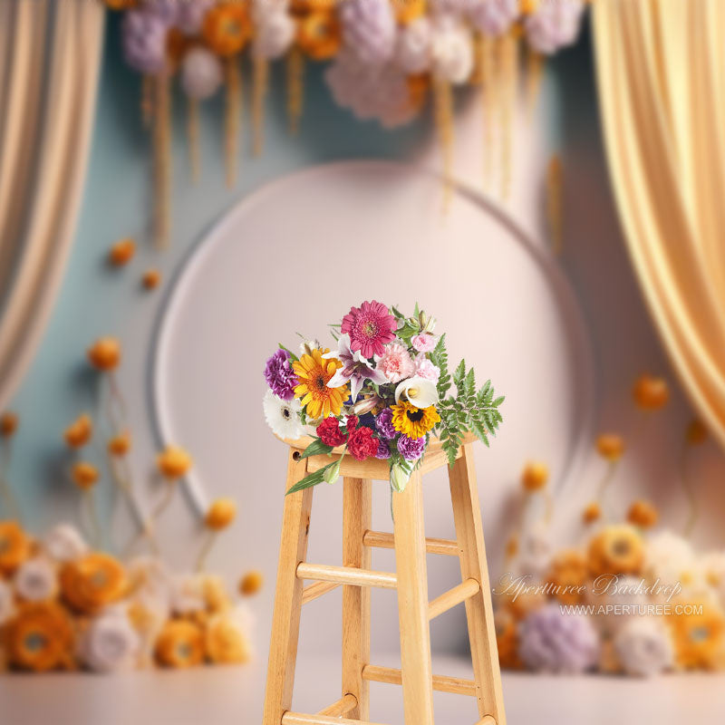 Floral White Wall Yellow Curtain Birthday Backdrop