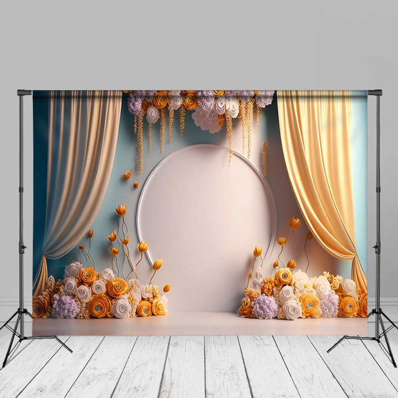 Floral White Wall Yellow Curtain Birthday Backdrop