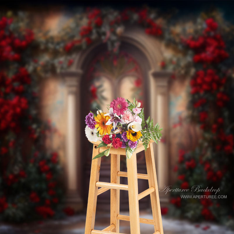 Classic Red Floral Door Portrait Photo Booth Backdrop