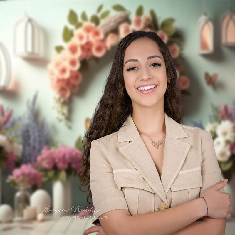 Elegant Butterfly Floral Green Wall Photo Backdrop