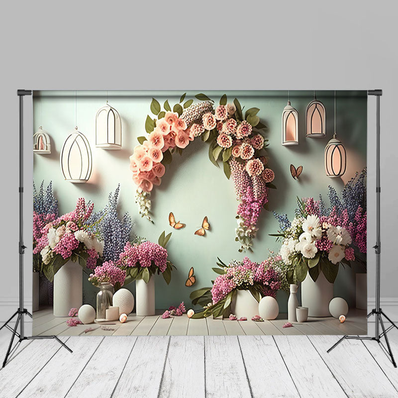 Elegant Butterfly Floral Green Wall Photo Backdrop