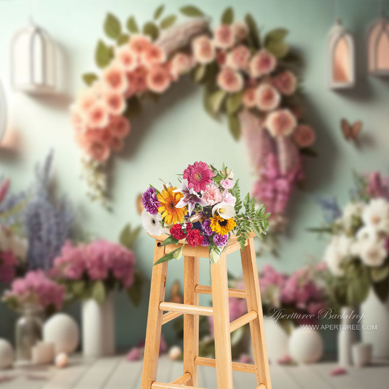 Elegant Butterfly Floral Green Wall Photo Backdrop